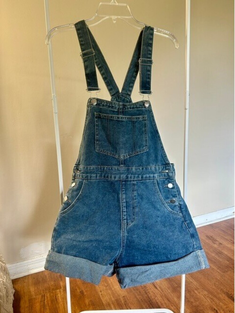 Dazy Women's Denim Short Overalls with Adjustable Straps, SM